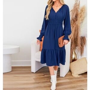 CUPSHE‎ Women's V Neck long Sleeve Tiered Ruffled Tie Neck maxi Dress M